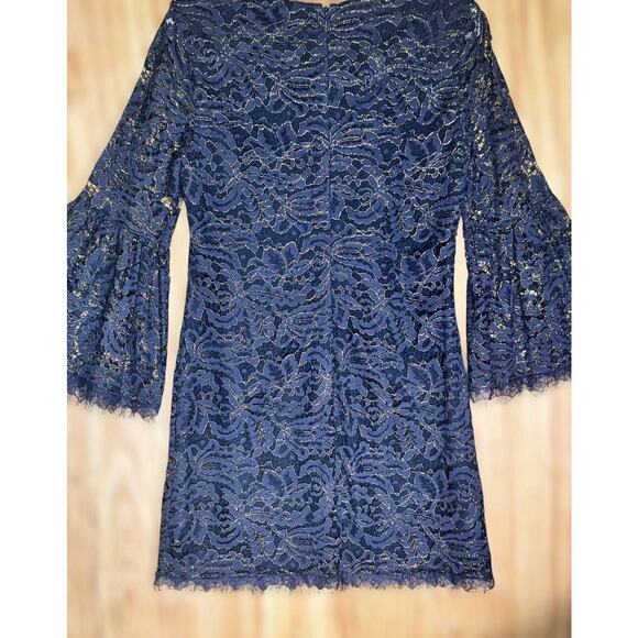 Dark Gothic Lace Bell Sleeve Navy Gold Mini Dress Sz M Witchy Romantic Cocktail - Picture 6 of 9